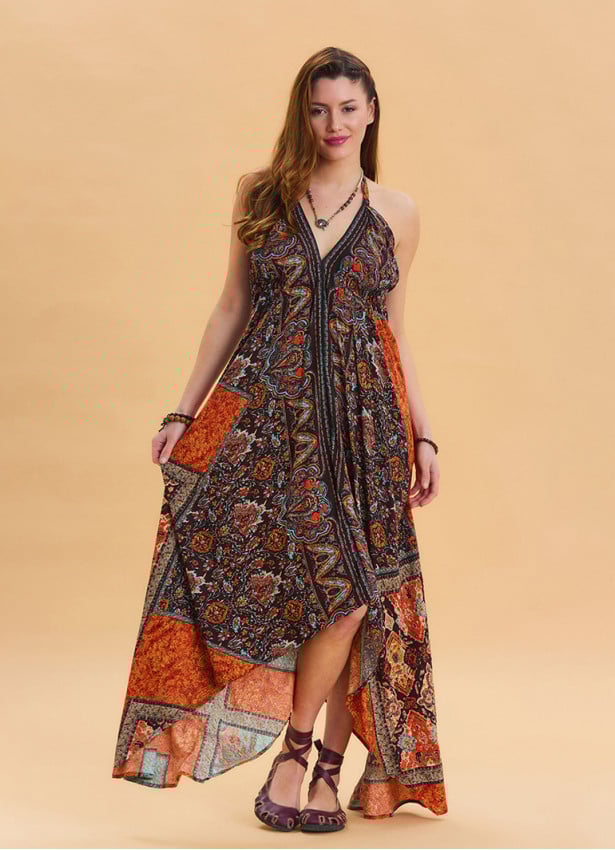 V Neck Backless Halter Neck Coffee Ethnic Dress 4654